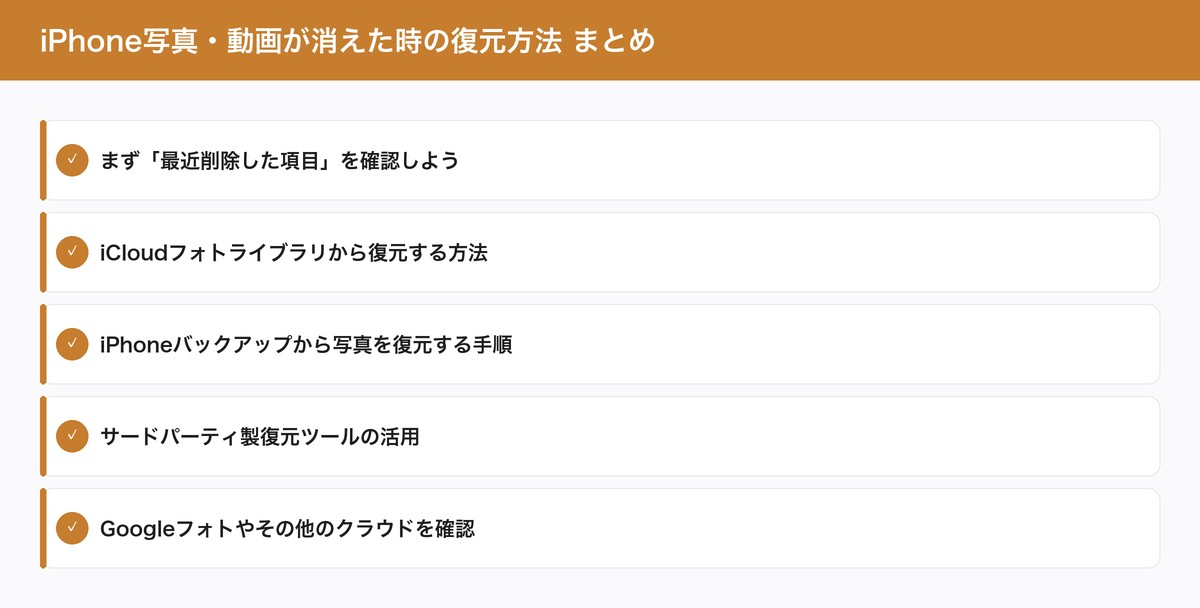 iPhone写真・動画が消えた時の復元方法 まとめ