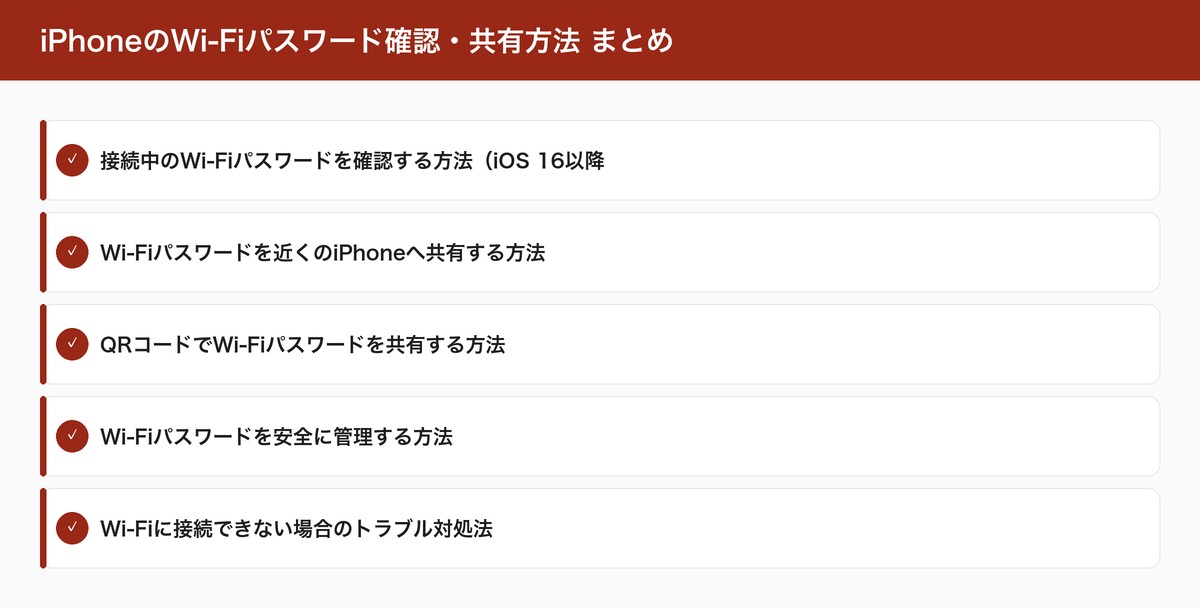 iPhoneのWi-Fiパスワード確認・共有方法 まとめ