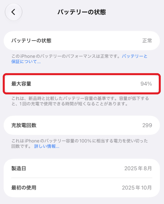 iPhoneのバッテリーの状態画面。最大容量94%、充放電回数299回と表示されている
